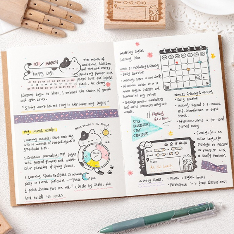 Cute Cat Wooden Rubber Stamp M - Rubber Date Stamp 评论和价格